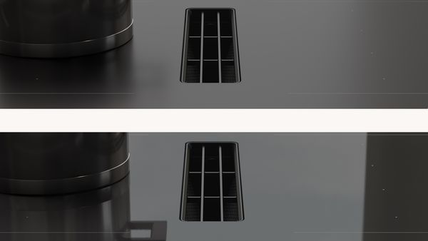 Close-ups of the 90cm Gaggenau 400 series flex induction cooktop with downdraft ventilation in matte and gloss glass surfaces
