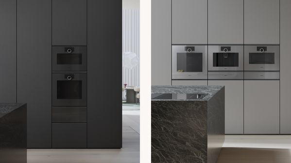 Collage showing the two different colour options of the Gaggenau Minimalist series appliances, Gaggenau Onyx and Gaggenau Sterling
