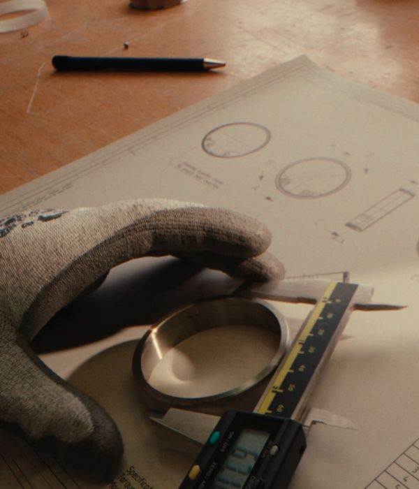 Gloved hand using digital vernier calipers to measure a Gaggenau control ring