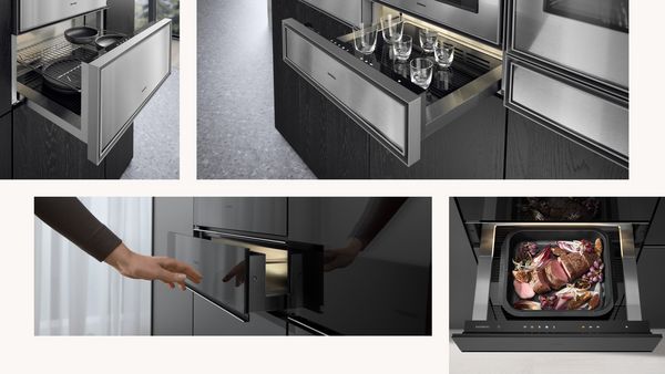 Collage containing Gaggenau Expressive series and Minimalistic series culinary warming drawers in difference configurations