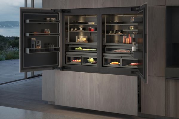 A Gaggenau Vario cooling expressive series refrigerator and wine climate cabinets in a luxury kitchen