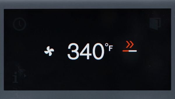 A Gaggenau convection oven display showing a high temperature in convection mode