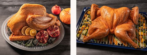 A collage showing a roasted heritage turkey and a roasted spatchcocked turkey