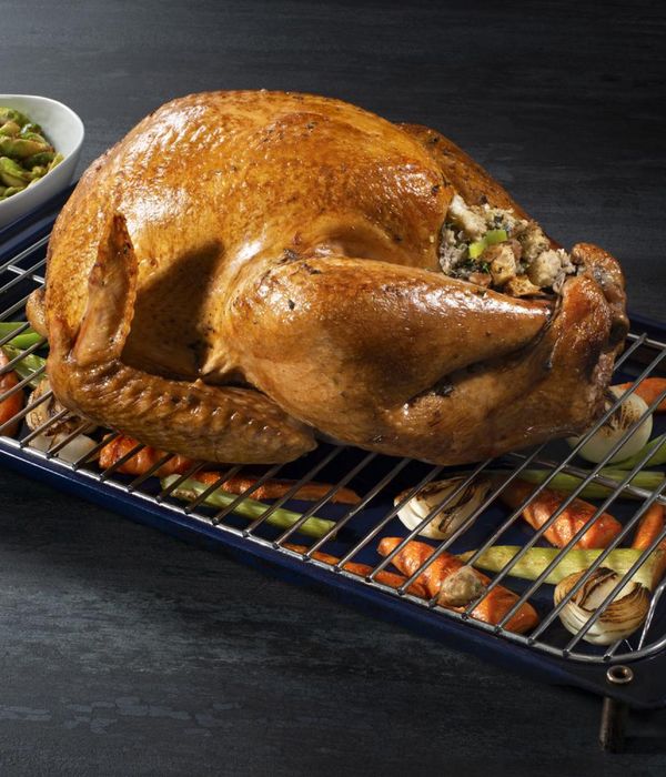 A large roast turkey rests on a wire rack above a selection of roasted vegetables 