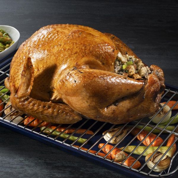 A large roast turkey rests on a wire rack above a selection of roasted vegetables 