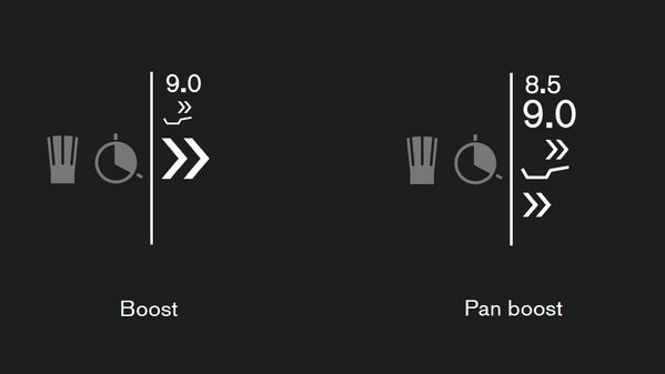 Close-up of Gaggenau full surface induction cooktop touch screen showing Pan boost and Boost function symbols