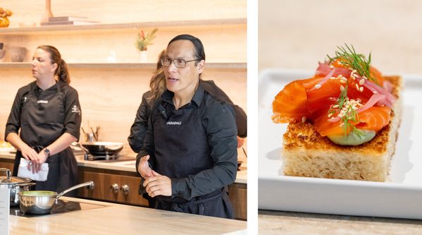 Chef Bobby Cortez addressing attendees, next to a close-up of the Portola coffee-cured salmon dish.