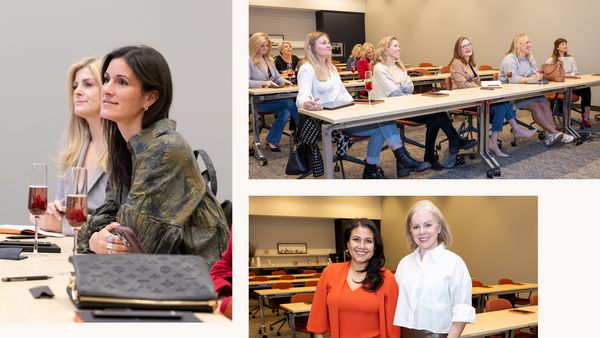 Collage featuring Club 1683 members attending the session, as well as speakers Laura Umansky and Melissa Grove of DesignDash.