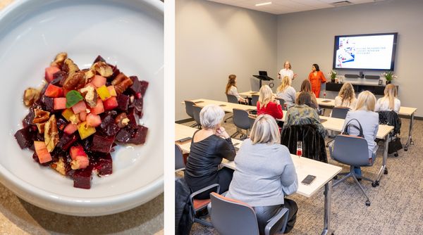 Collage featuring Chef Bobby Cortez&rsquo; &ldquo;Velvet Extract&rdquo; dish: roasted beets, apples, Portola coffee oil, and Texas pecans, as well as a photo of attendees listening to Laura Umansky and Melissa Grove. 