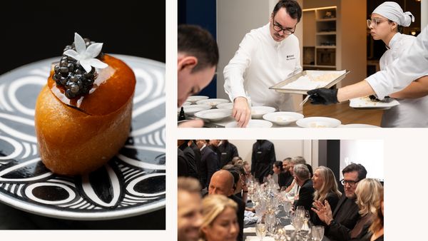 Collage featuring chefs hard at work in the Gaggenau showroom kitchen, a close-up of a dish, and guests seated at the beautifully laid table.