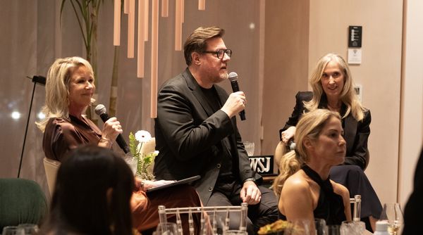 Sven Baacke, Head of Design at Gaggenau, leading a panel discussion with Sarah Medford and Tracey Baldwin of The Wall Street Journal.