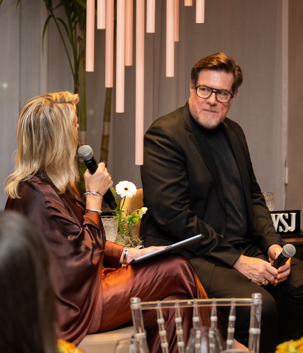 Sven Baacke, Head of Design at Gaggenau, leading a panel discussion with Sarah Medford and Tracey Baldwin of The Wall Street Journal.