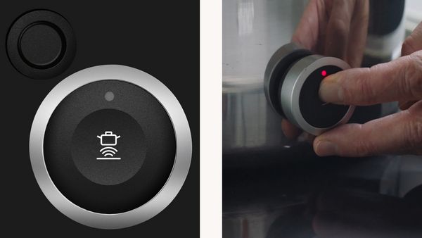 Collage of the Cooking sensor and the cooking sensor attached to a pot and being activated 
