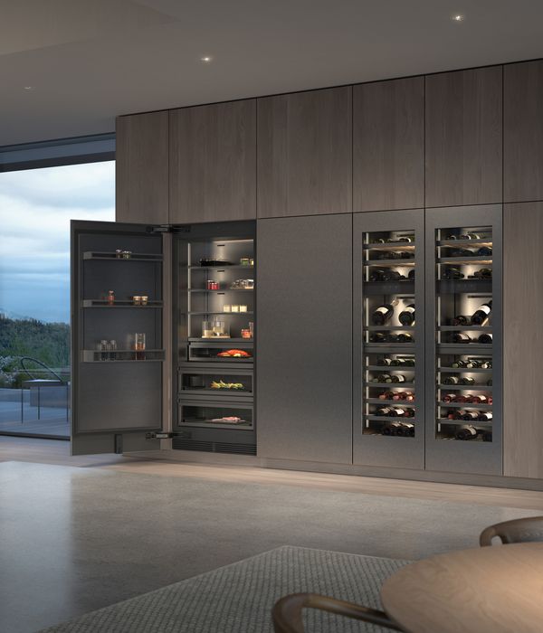 A Gaggenau Vario cooling expressive series refrigerator and wine climate cabinets in a luxury kitchen