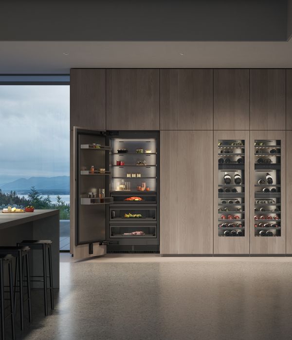 A Gaggenau Vario cooling expressive series refrigerator and wine climate cabinets in a luxury kitchen