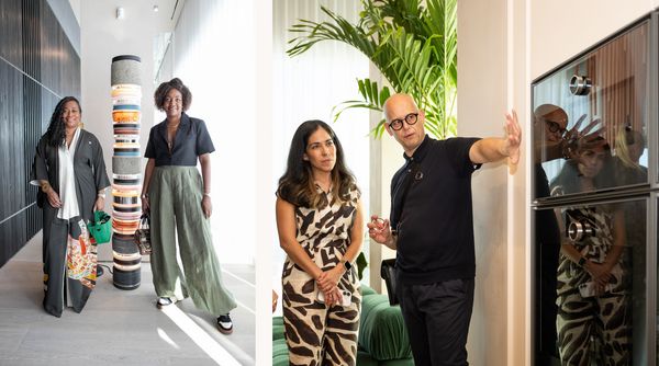 Collage featuring guests admiring the art installations within the Miami showroom and the Expressive Series appliances.