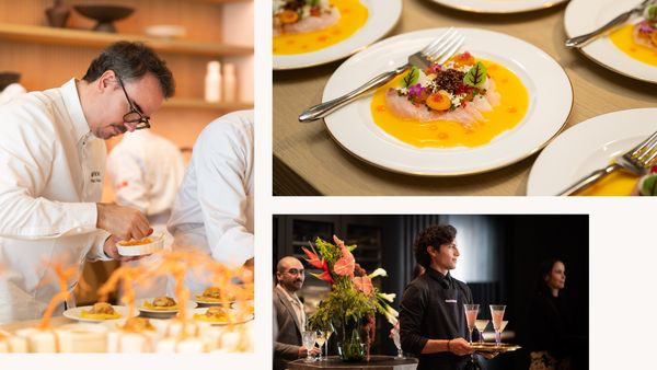 A collage featuring images of the chefs plating food, a close-up of a colorful dish, and the waitstaff serving cocktails to guests.