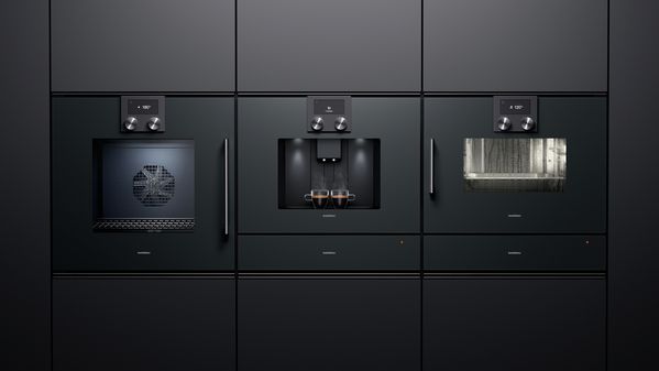 200 series oven and coffee machine with warming drawer and combi steam oven and vacuuming drawer in gaggenau anthracite