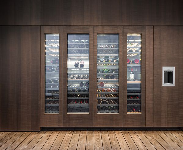 View of the Gaggenau stand, containing 400 series wine climate cabinets at EuroCucina 2018  