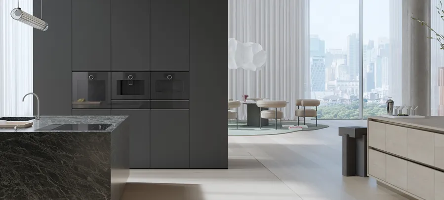 Open-plan kitchen fitted with Gaggenau Minimalistic series appliances in Onyx